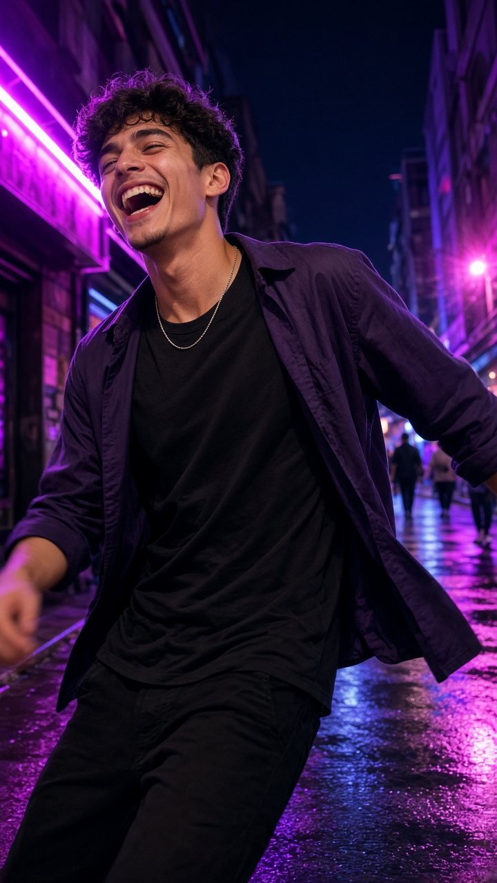 Creator dancing in a neon-lit street, short-form video