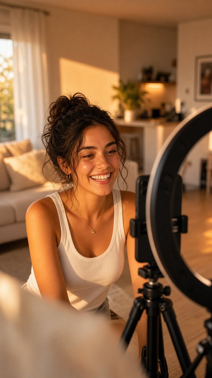 Content creator filming with a ring light