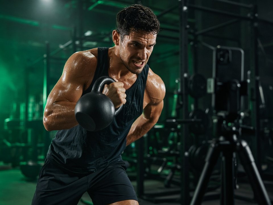 Fitness creator filming a kettlebell workout