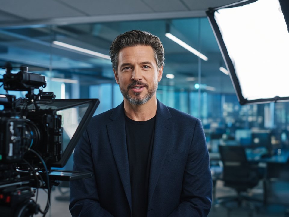 Tech CEO recording a LinkedIn video in a modern office