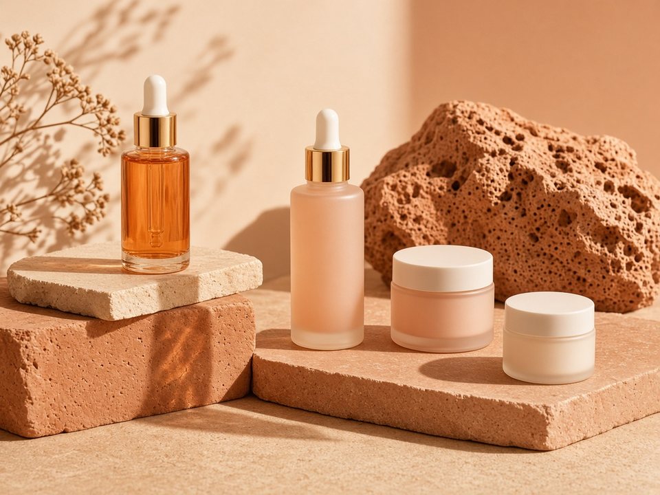 Skincare products styled on terracotta stone